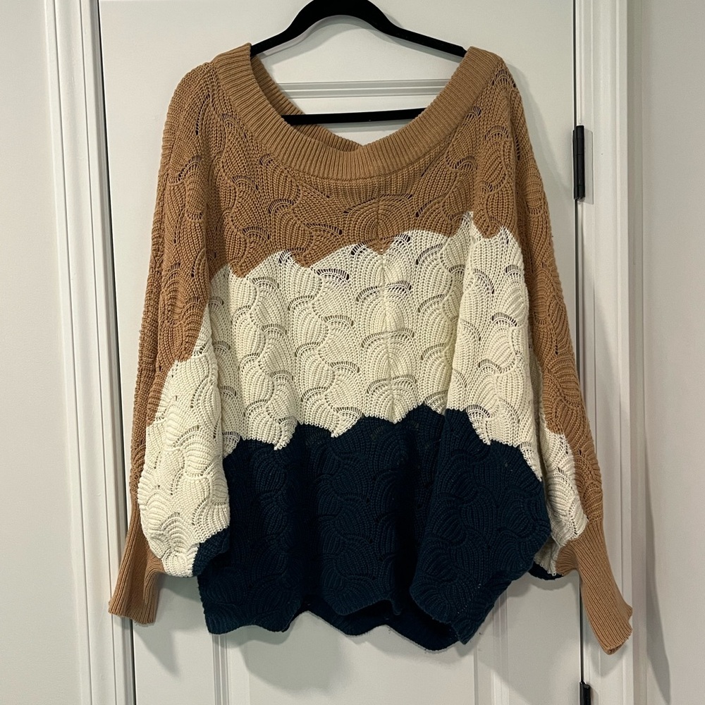 Chic Soul Colorblock Sweater - Tan, Cream, and Green/Blue